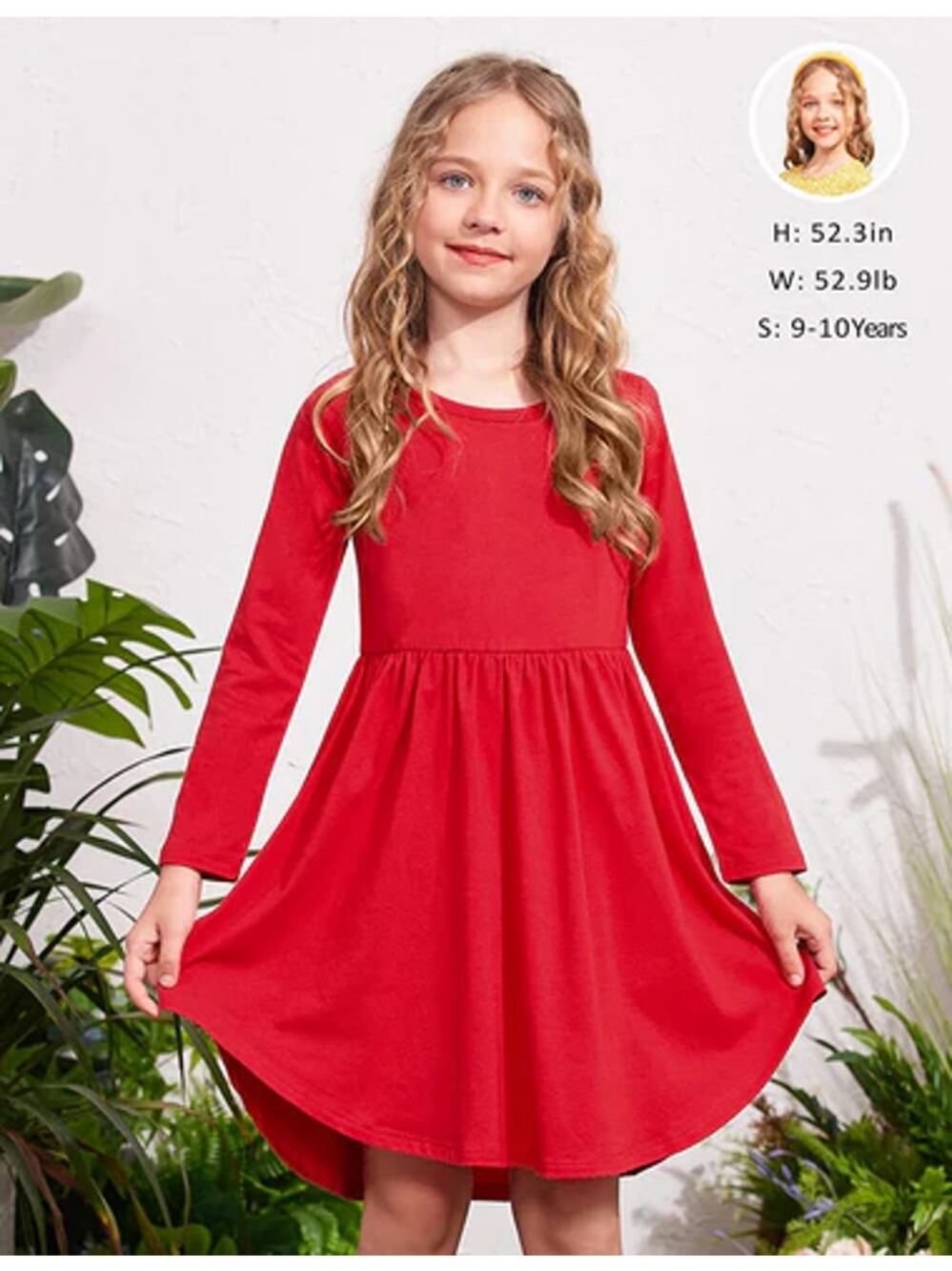 Arshiner Girls Red Long Sleeve A-Line Midi Dress w/ Pockets Youth 130/8 Years